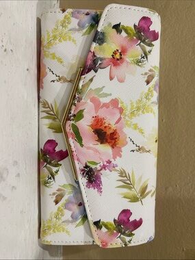Floral White Clutch Wallet with Pink & Green Print